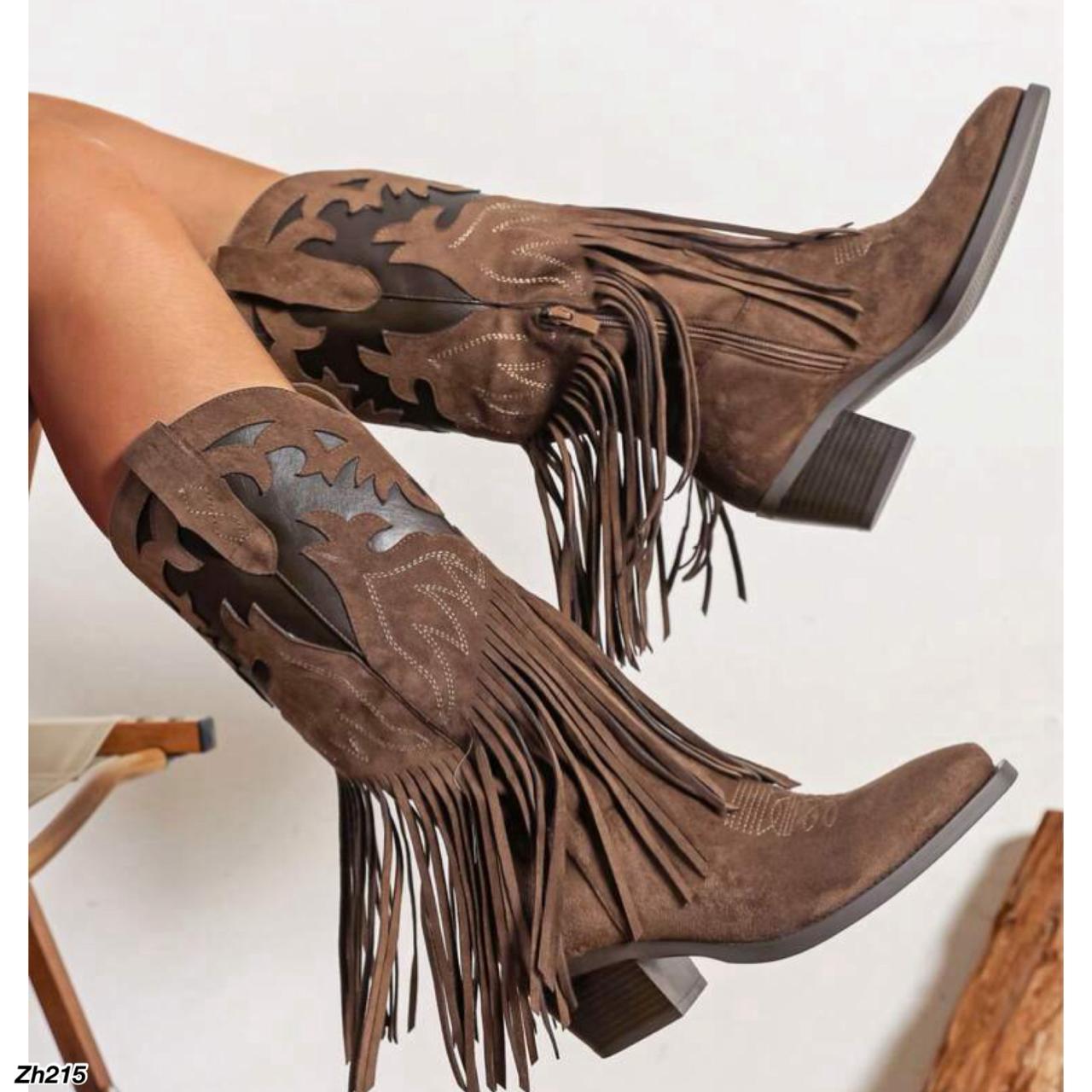 Bota texana café detalle flecos tacon 6cm A9851 C-90